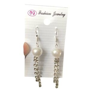 Pearl Rhinestone Dangle Earrings Fashion Jewelry Silver Tone Drop
